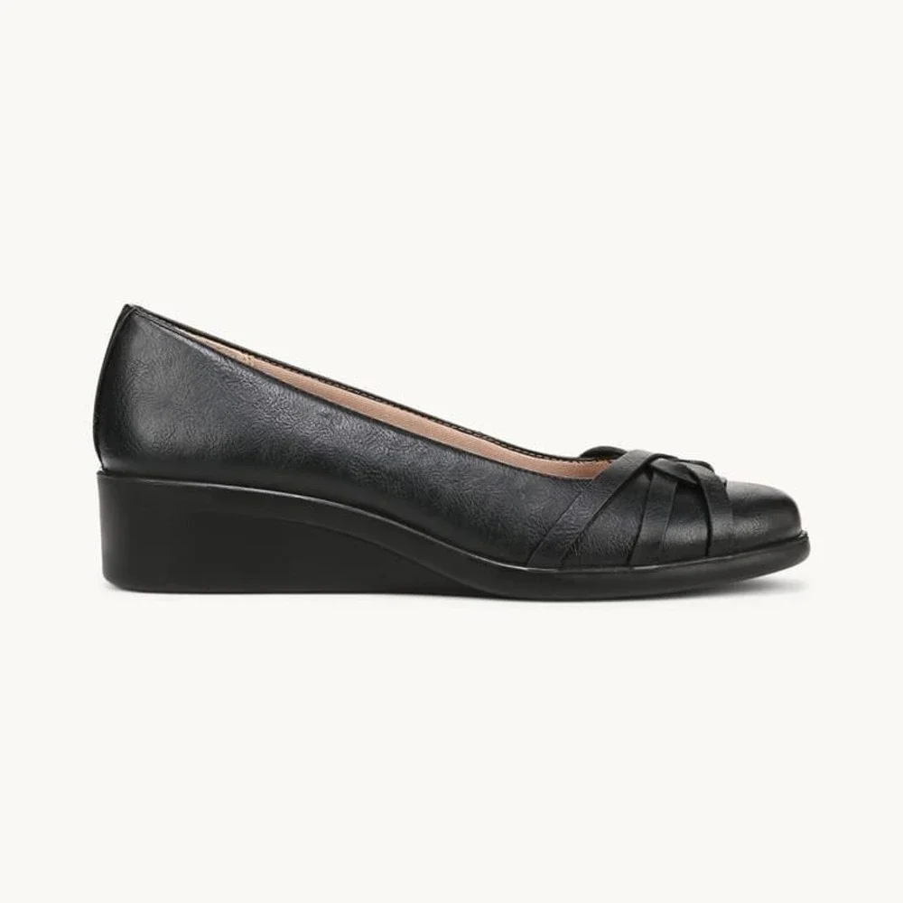 LifeStride Jorie Black Tumbled Faux Leather Ballet Wedge Shoes Womens Sz 7W